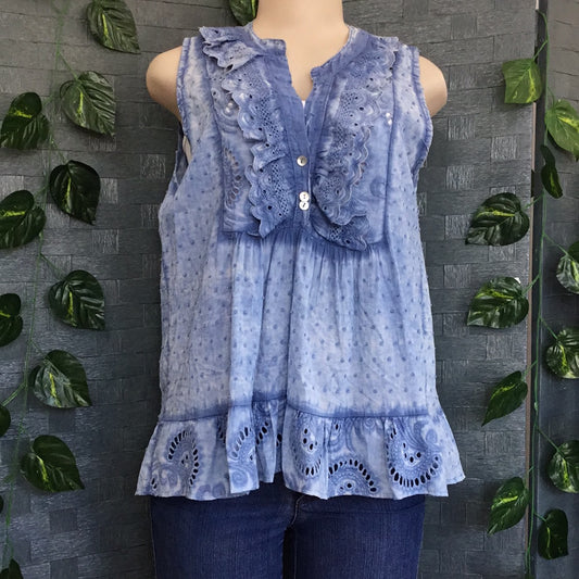 Made in Italy Pastel Blue Embroided V Neck Top - Size Large