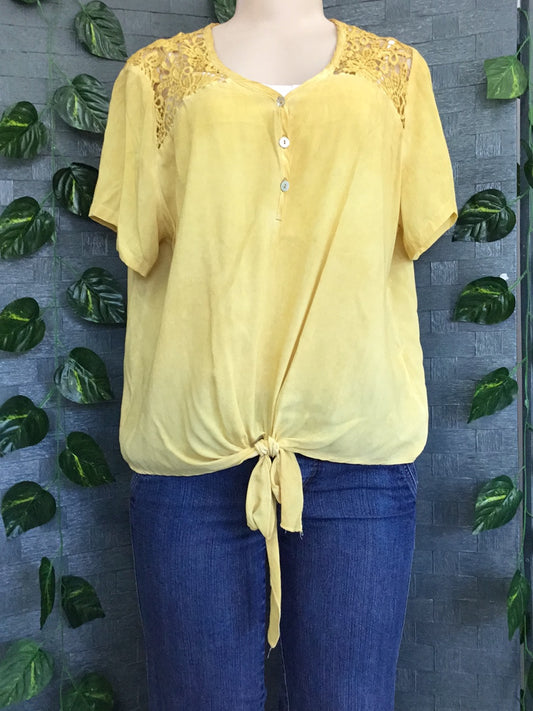 Be Hip Mustard Embroided Knot Top - Size Medium
