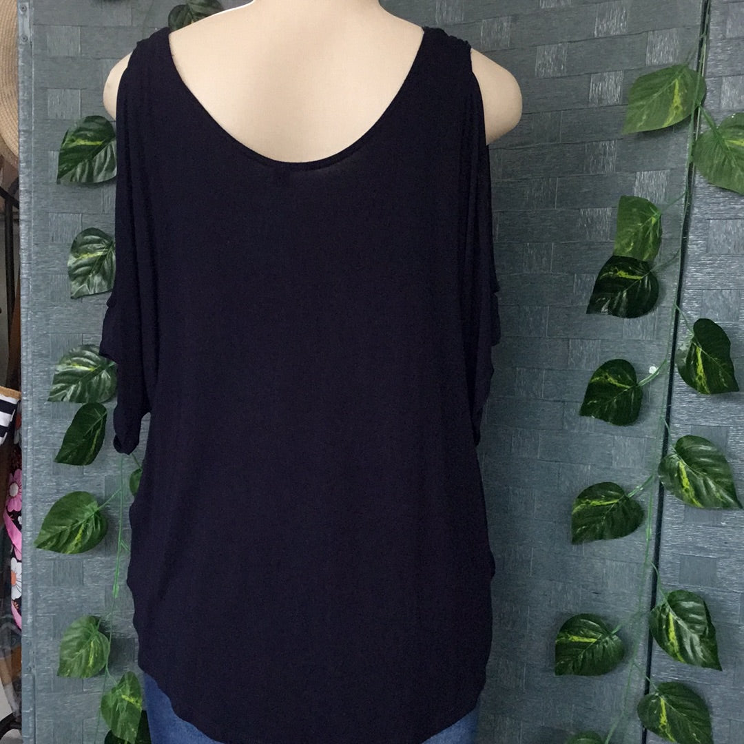 Forever New Navy Open Shoulder Chiffon Blouse - Size Small
