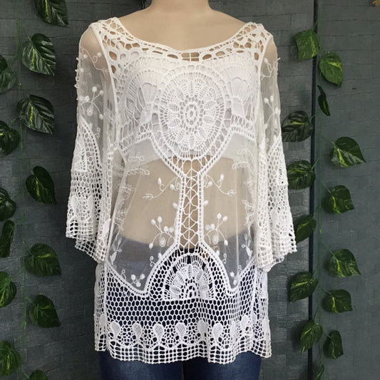 Italian White Embroided Lace Top - Size 12