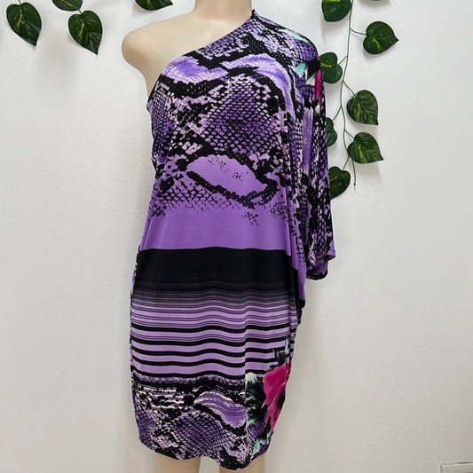Attitude Black & Purple Off Shoulder Dress - Size 12