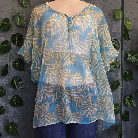 Rage Baby Blue with Beige Pattern Silk Top - Size Small