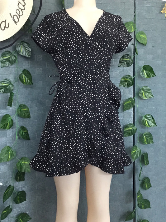 Black Polka Dot Mini Dress with wrap around front fastening & frill at bottom - Size XS