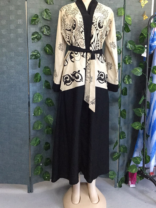 Asian Style Linen Beige Dress with Black Flower insert pattern & black satin bottom - Size XLarge