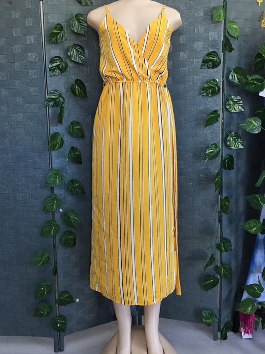 Traffic Yellow Dress with Black/white stripes and stretch midrif with bow tie up - Size 34