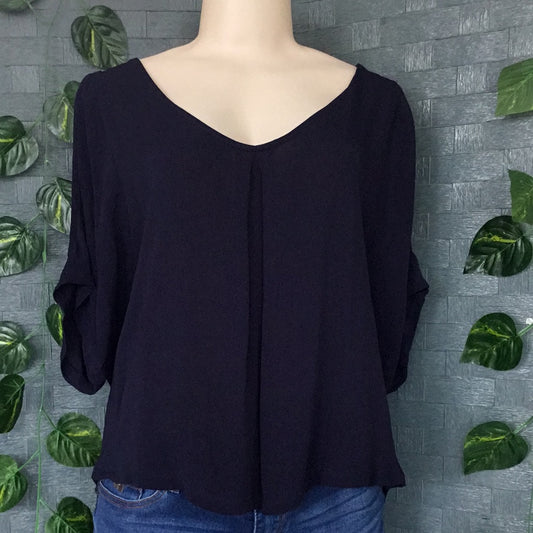 Forever New Navy Open Shoulder Chiffon Blouse - Size Small